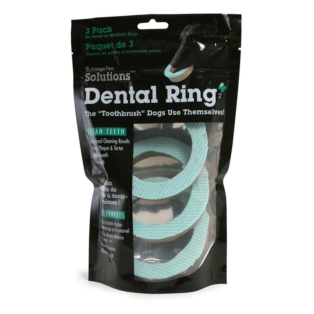 Omega Paw Dental Ring - Easy and Effective Teeth Cleaning for Dogs, Prevents Gum Disease and Tooth Decay, with Polishing Paper for Plaque and Stain Removal, Small 3 Pack