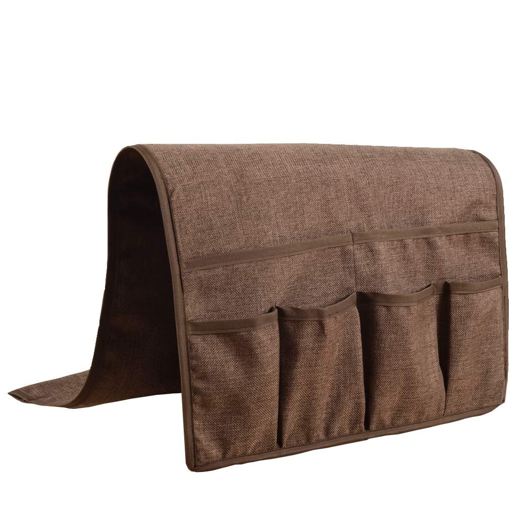 Kotile Couch Sofa Chair Armrest Caddy Organizer with 6 Pockets Faux Linen, Elegant Armchair Caddy Fits Remote Control Organizer, Cell Phone, Glasses, Magazine Holder (Coffee)