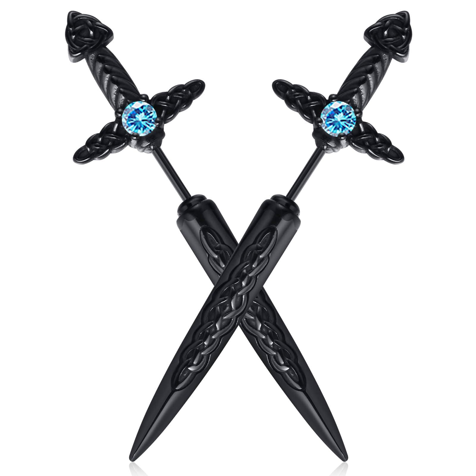 Hisatan Sword Earrings for Men Women, Stainless Steel Gothic Dagger Celtic Knot Irish Studs Earrings, Cool Punk Hip Pop Cubic Zirconia Dangle Goth Screw Spike Earring Jewelry