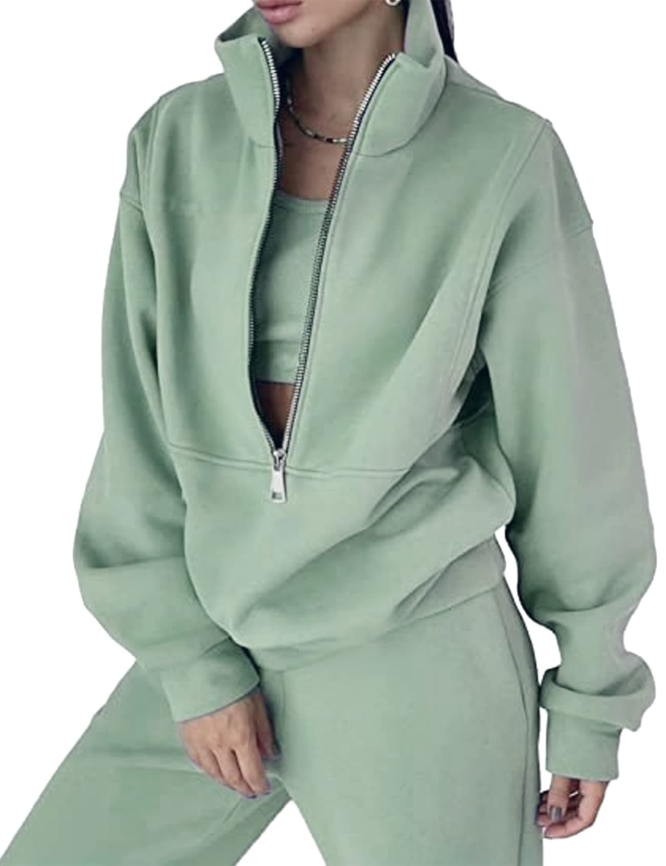 FlygoWomens Fleece 2 Piece Outfits Sweatsuit Half Zip Pullover Sweatshirt Joggers Pants Tracksuit Set (Green-L)