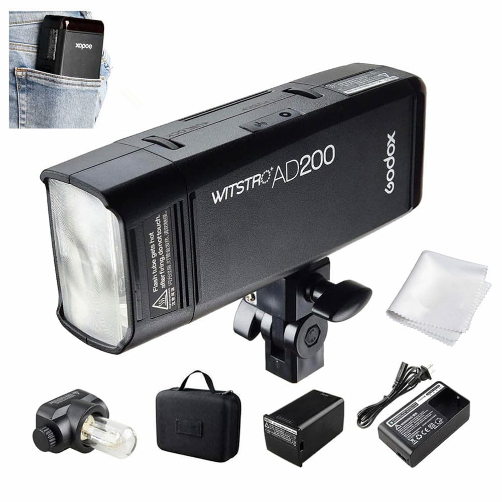 Godox AD200 200Ws 2.4G TTL Flash Strobe 1/8000 HSS Cordless Monolight with 2900mAh Lithimu Battery and Bare Bulb/Speedlite Fresnel Flash Head to Cover 500 Full Power Shots and Recycle in 0.01-2.1 Sec