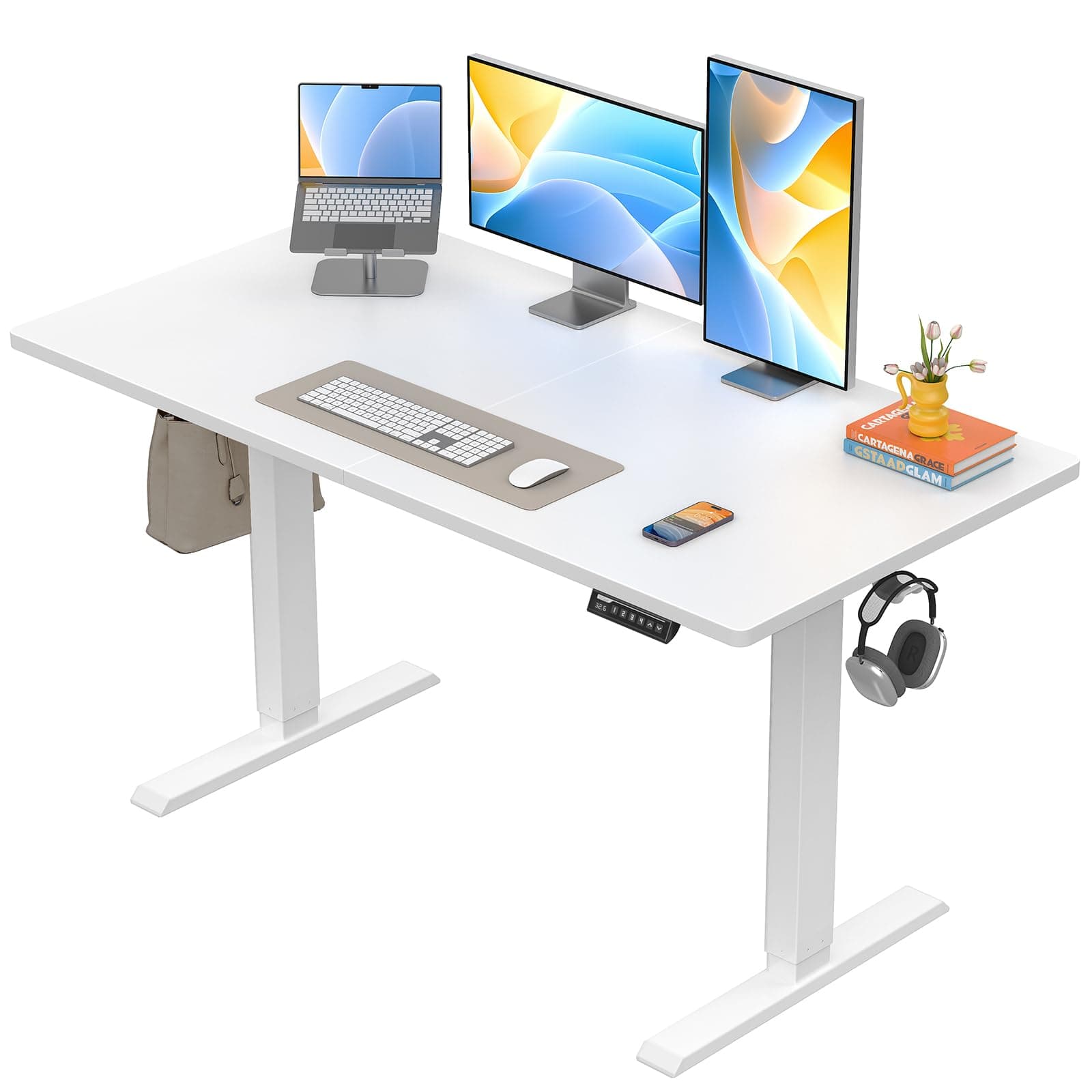 Electric Standing Desk, 48 x 24 inch Height Adjustable Sit Stand Up Desk, Computer Home Office Desk with 4 Memory Height Buttons, Two Pieces Desktop, White, EGESD110W