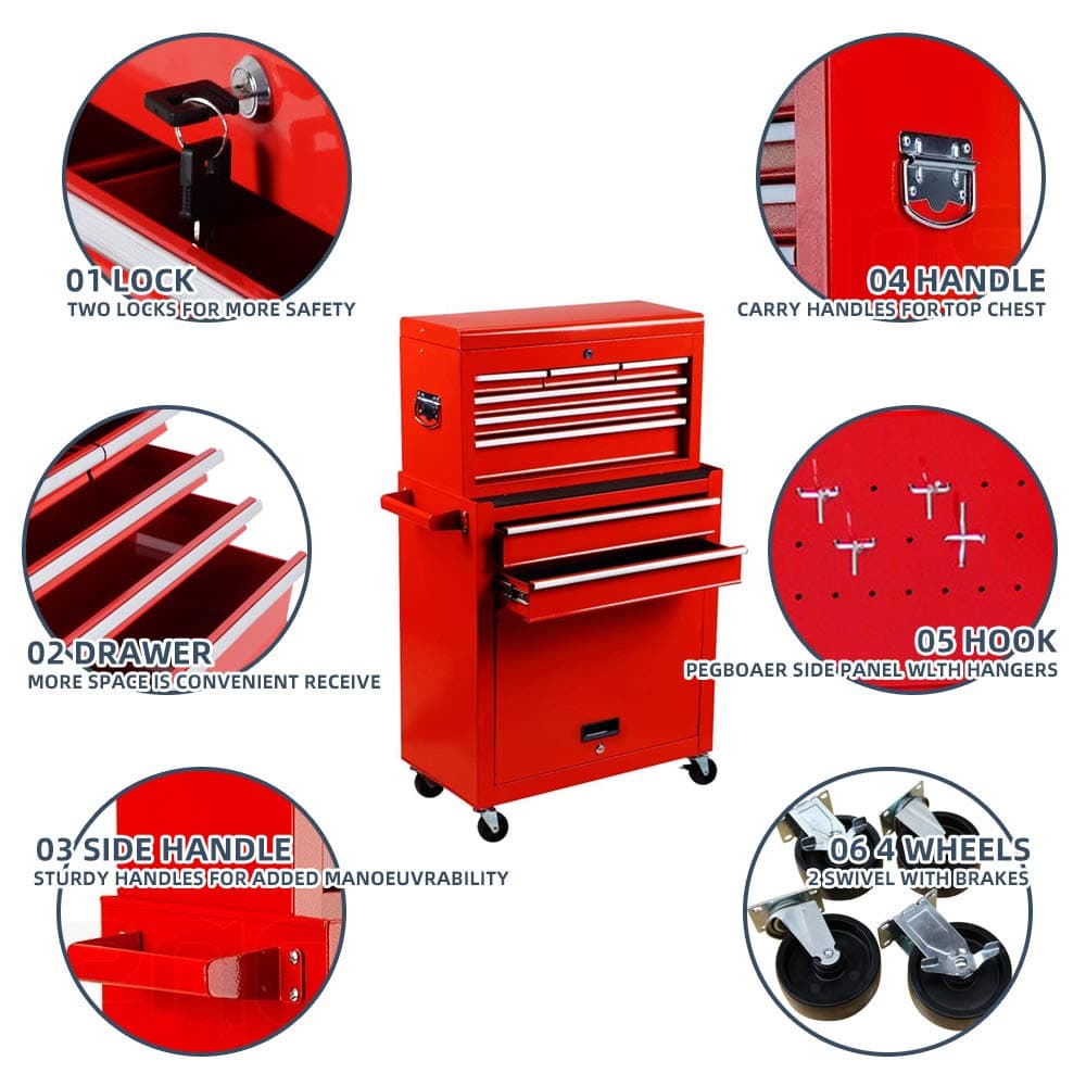 Tool Box 8-Drawer Rolling 2 in 1 Tool Cabinet With Drawer Removable Tool Box,Keyed Locking System Toolbox Organizer Boxes,Red