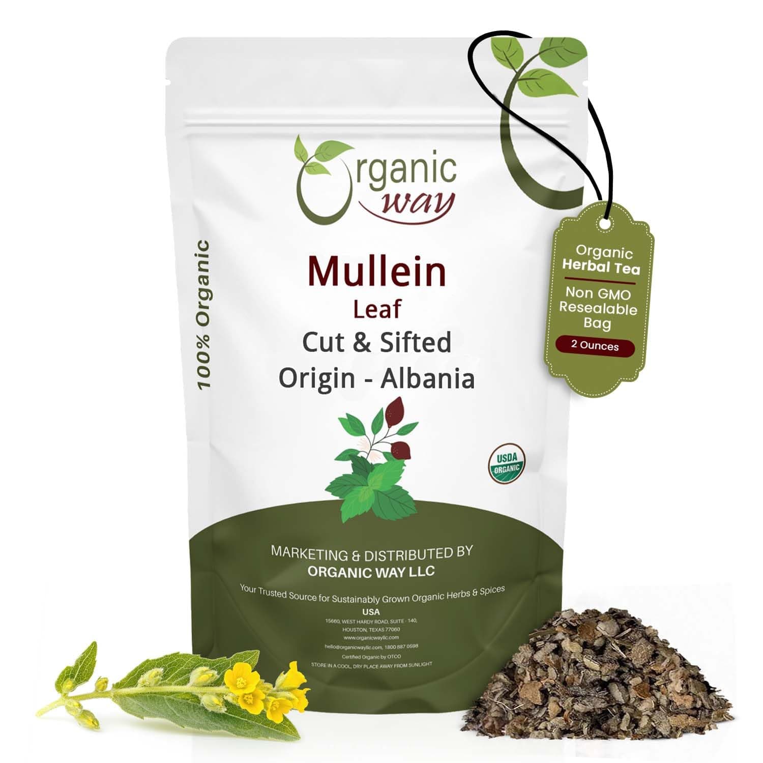 Organic Way Mullein Leaf | Herbal Tea (Verbascum thapsus) Cut & Sifted - European Wild-Harvest | Organic & Kosher Certified | Non GMO & USDA Certified | Origin - Albania (1/4LBS / 4Oz.)