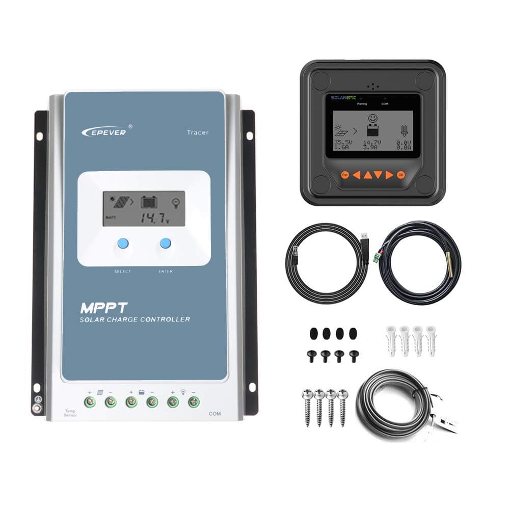 EPEVER 40A MPPT Solar Charge Controller 100V PV Max Input Negative Ground LiFePo4 Battery Charger W/ MT50 Remote Meter & Temperature Sensor Tracer4210AN