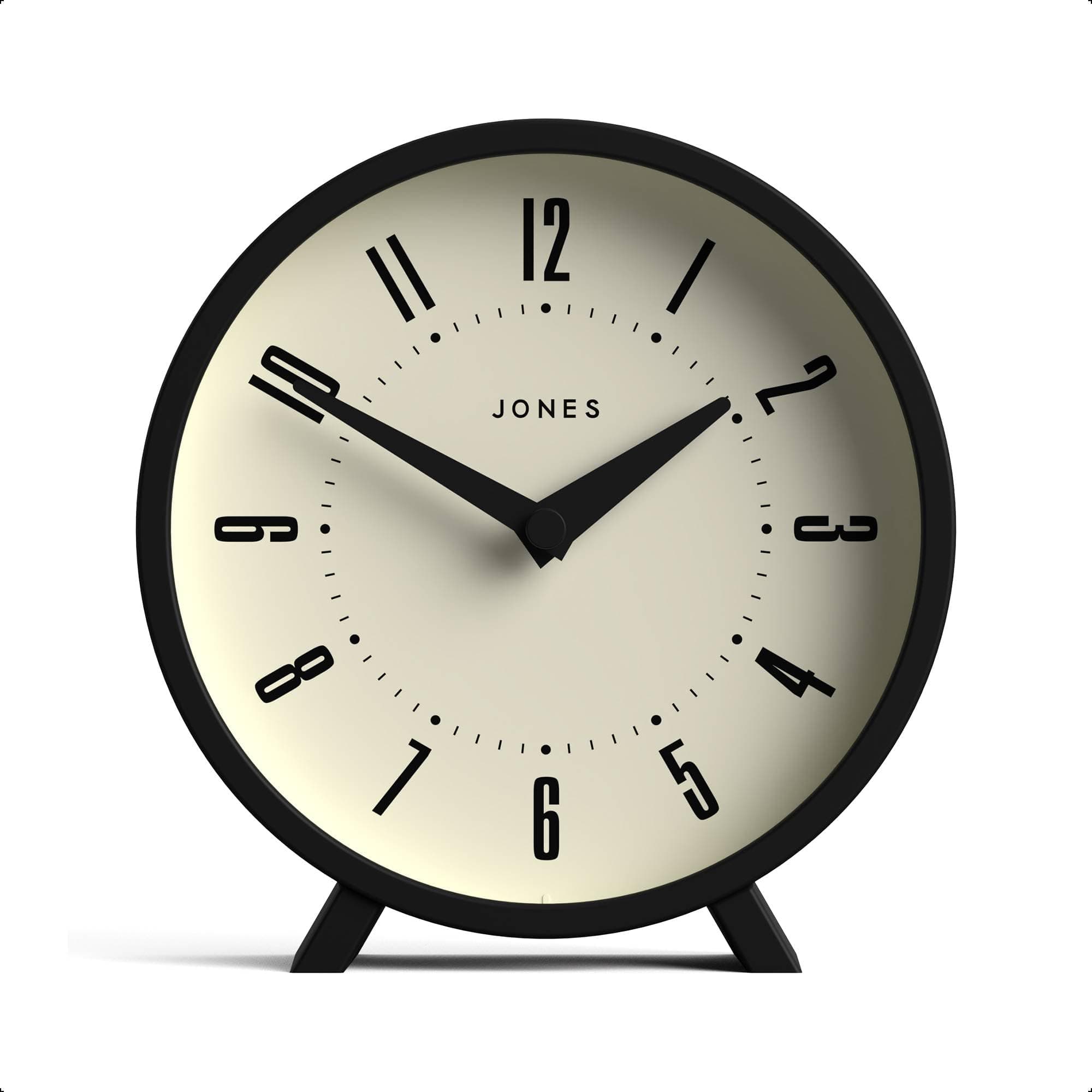 Jones Clocks Stylish Round Mantel Clock from Acrylic, The 'Venus' Mantelpiece Clock in Black 15 x 14 x 4.5cm