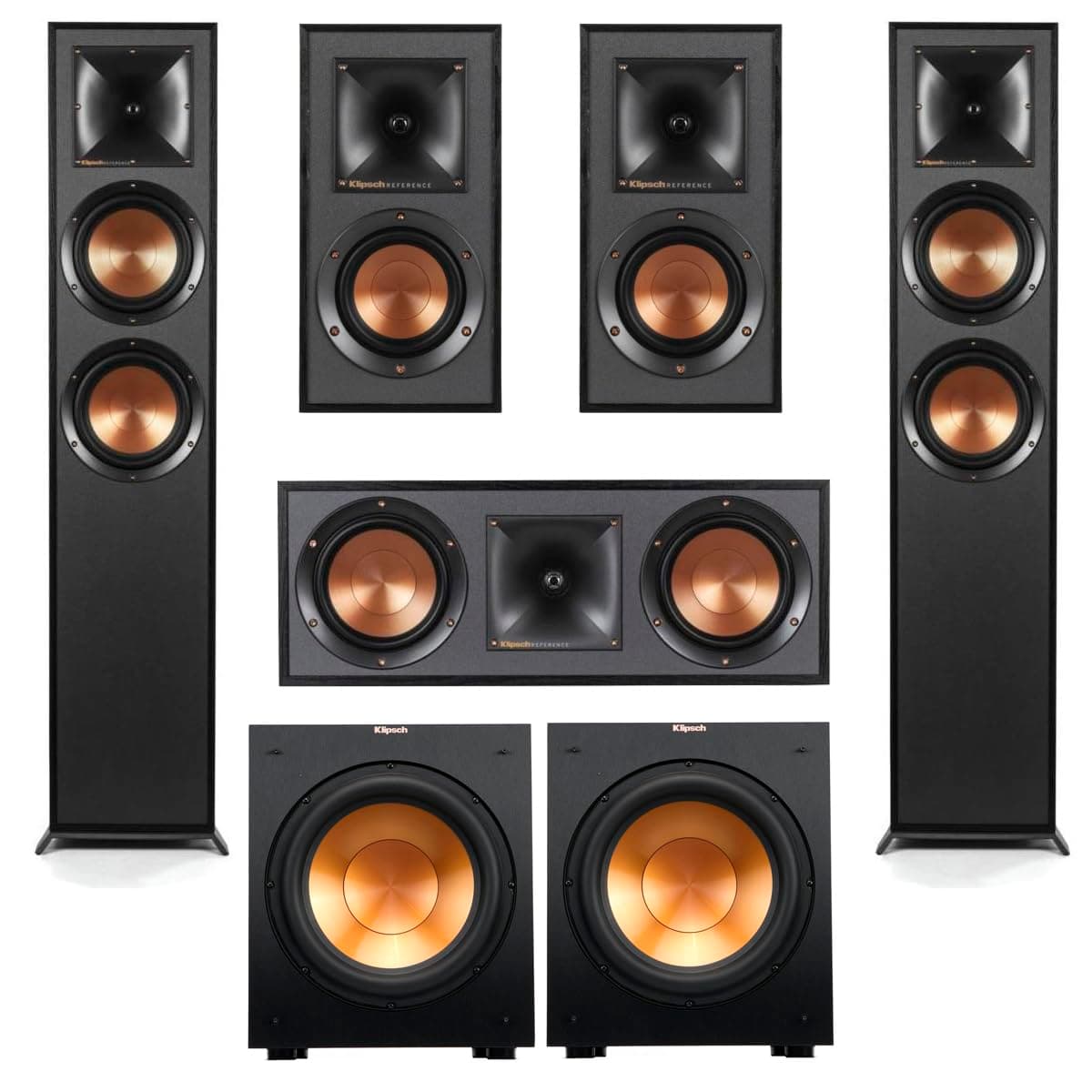 Klipsch Reference 5.2 Dolby Atmos Home Theater System with R-625FA Floorstanding Speakers, R-52C Center, R-41M Surrounds & 2X R-12SW 12" Powered Subwoofer, Black (Speaker System + 2X Subwoofers)