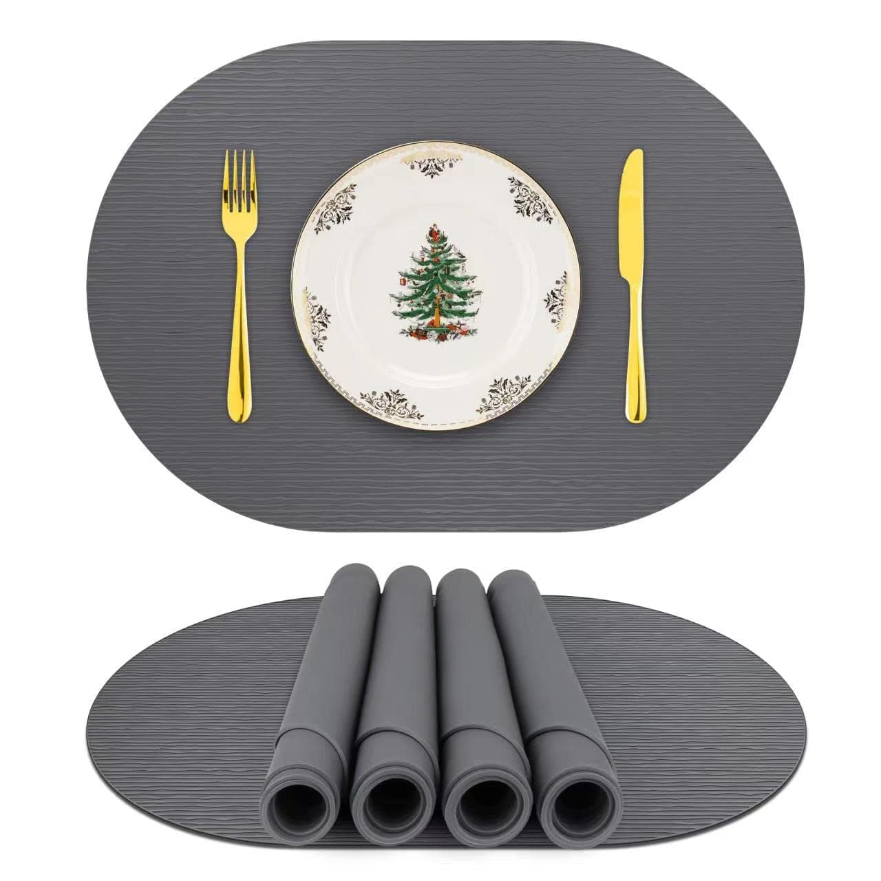 Silicone Placemats, Oval Placemats for Dining Table, Placemats Set of 4, Non-Slip Waterproof Heat Resistant Outdoor Table Mat for Patio Table (Dark Gray-Oval)