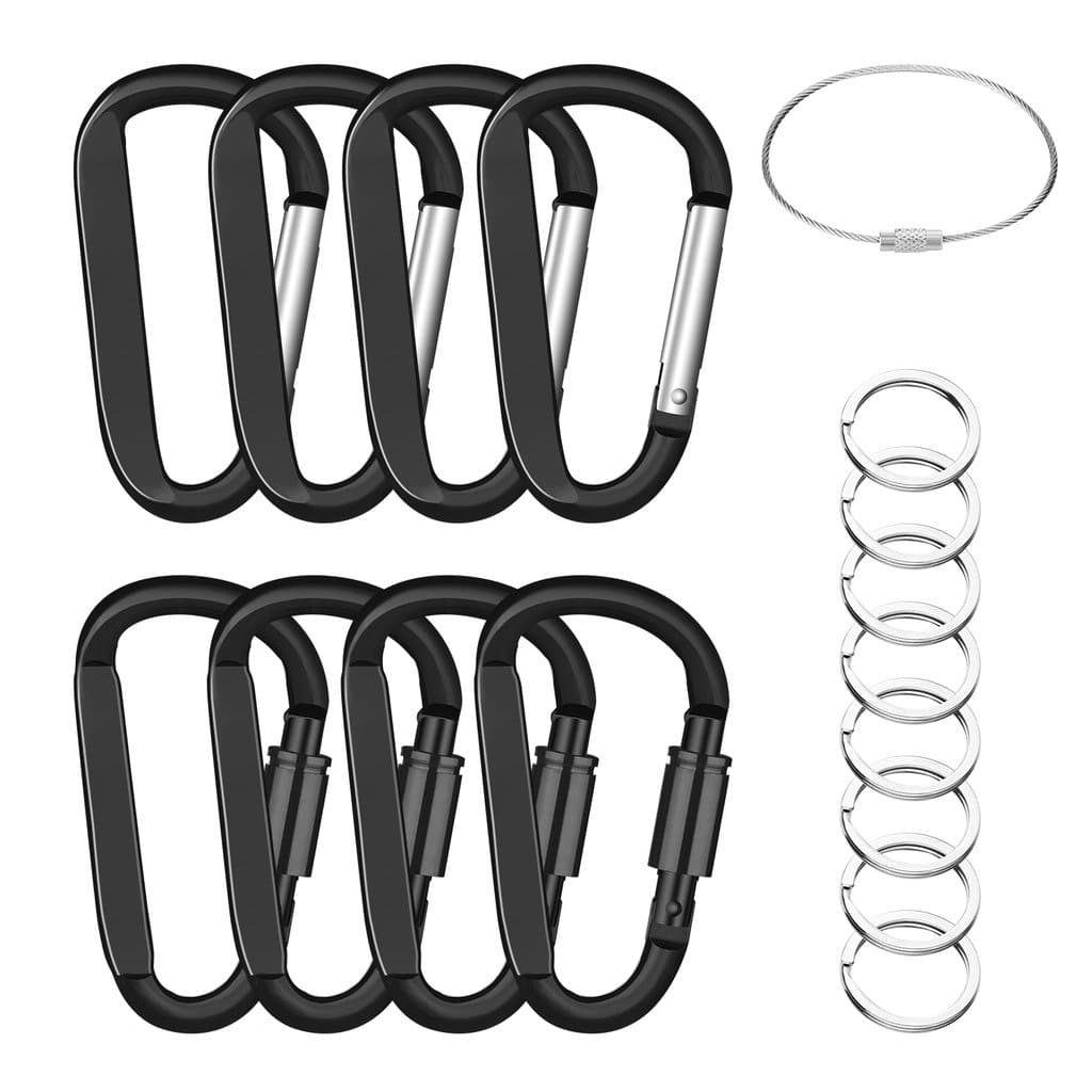 EFIXTK 8 Pack 8CM Carabiner Clips with Keyrings and Wire Keychain,ALuminum Locking Large D Ring Shap Caribina Carribeana