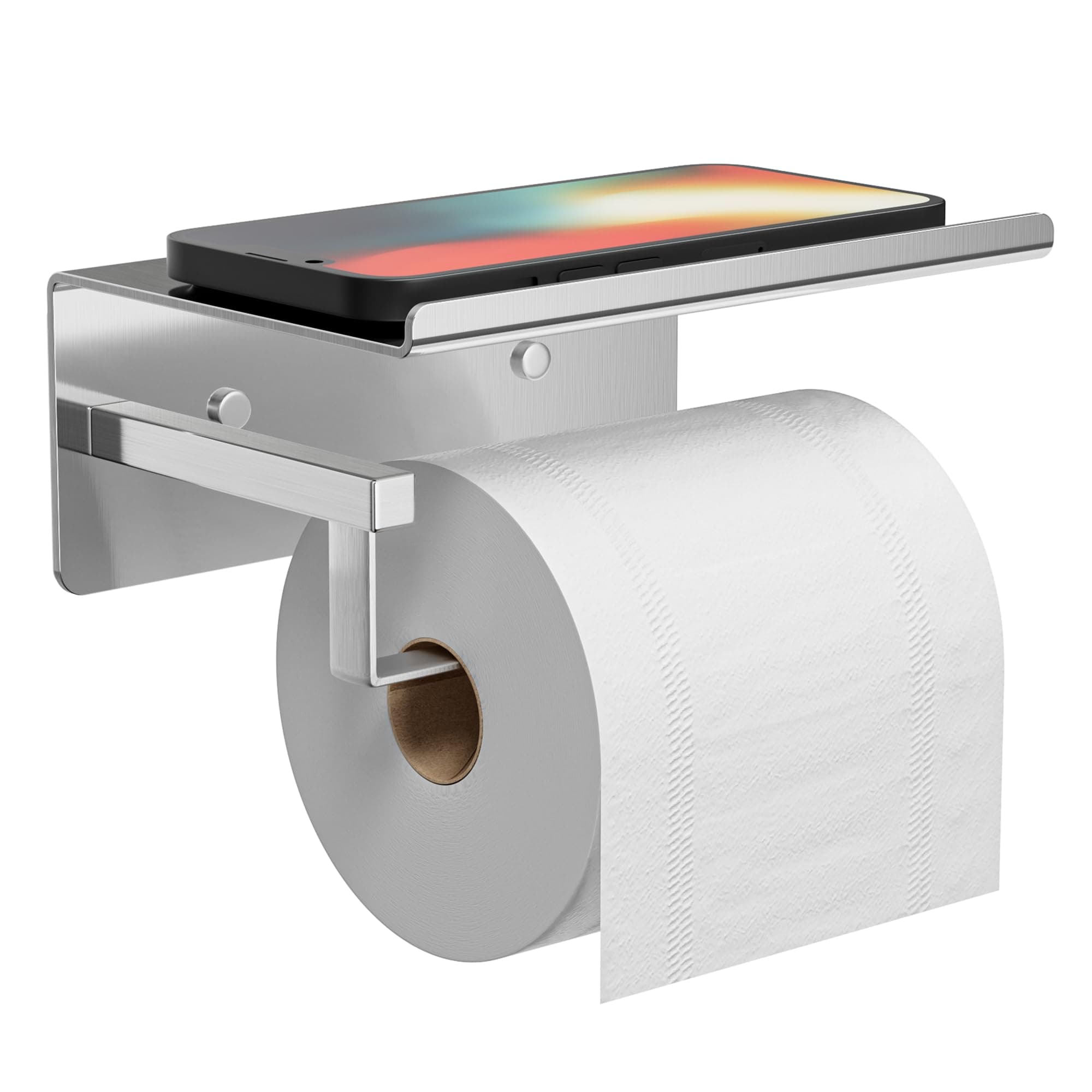 Chrome Toilet Roll Holder Wall-Mounted – Self Adhesive or Screw Mount, Stick-On Toilet Paper Holder with Shelf, Silver, Stainless Steel