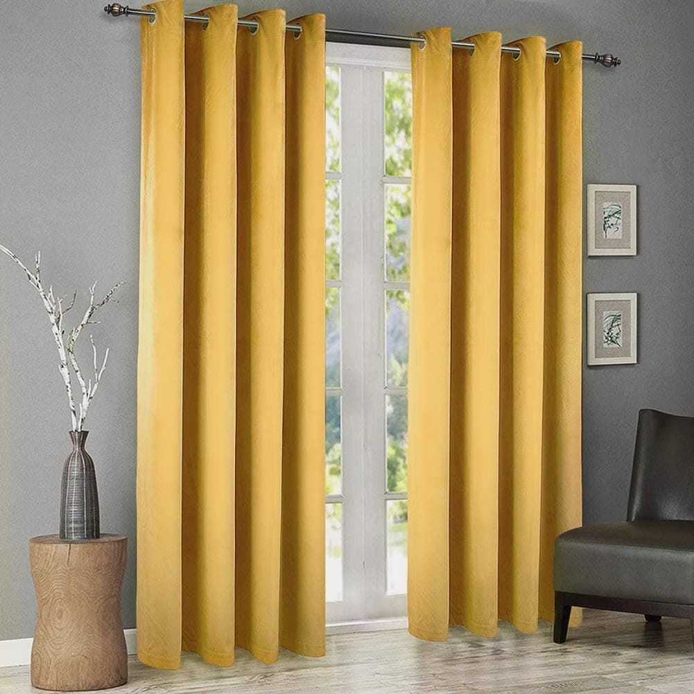 SINGINGLORY Velvet Curtains Yellow 52 x 96 Inch Blackout Grommet Window Curtains 2 Panels Set for Bedroom and Living Room (W52 xL96, Yellow)