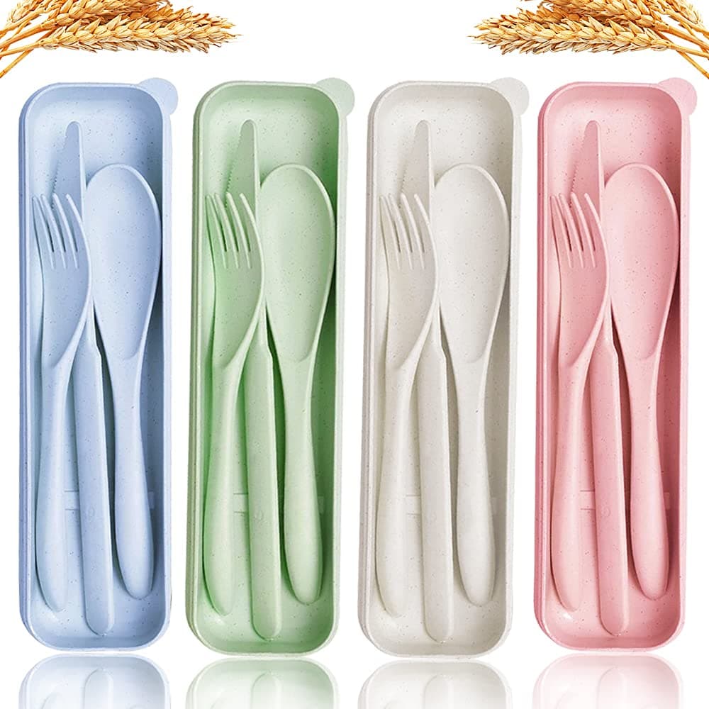 4 Sets Wheat Straw Cutlery,Portable Travel Utensils Spoon Fork Knife,Resuable Flatware Set with Case for Adults Travel Picnic Camping Daily Use,Eco-Friendly BPA Free,4 Colors