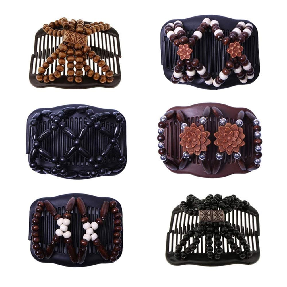 6Pcs Magic Hair Comb - Double Row Wooden Bead Stretchy Hair Clip Accessories for Girls & Women