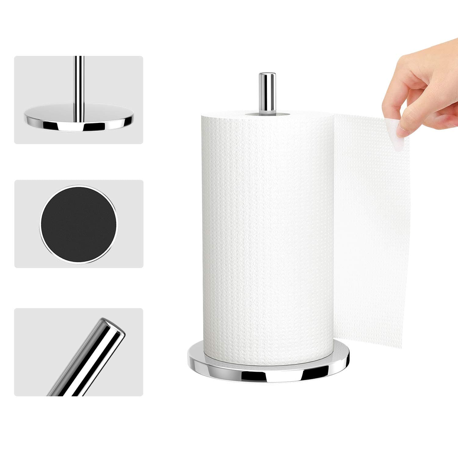 Paper Towel Stand Holder, Kitchen Tissue Roll Holder with Weighted Base, Countertop Standing Paper Towel Dispenser for Home Dinning Table, Hotel Napkin Rack, Fits Standard & Jumbo Rolls, Sliver