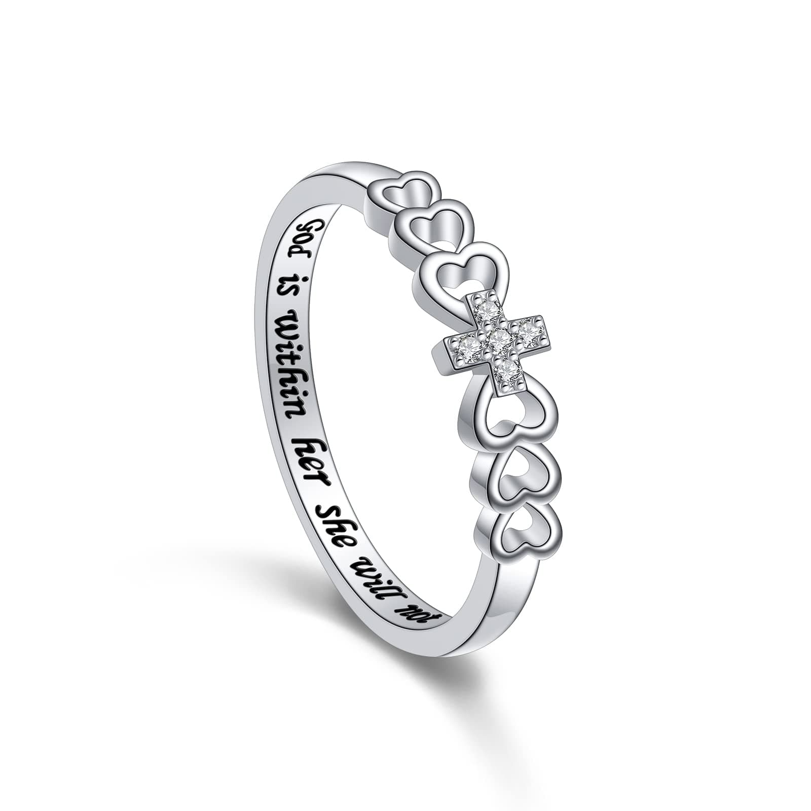 AlphmAlphm S925 Sterling Silver Christian Cross Heart Inspirational Faith Bible Verse Ring for Women Teen Jewelry