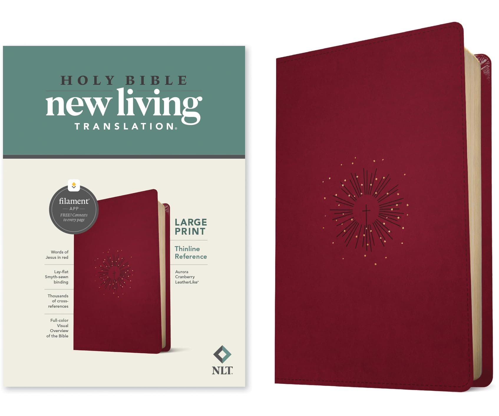 NLT Large Print Thinline Reference Bible, Filament Enabled (LeatherLike, Aurora Cranberry, Red Letter): Includes Free Access to the Filament Bible App ... Notes, Devotionals, Worship Music, and Video