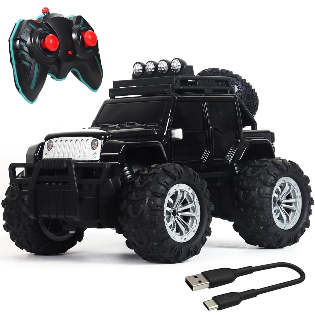 Wembley Offroad Rechargeable Remote Control Car Toy for Boys | Monster Truck RC Car with 4 Headlight Modes | Lithium Battery | C-Type Charging | Remote Car for Kids Adult | Made in India - Black