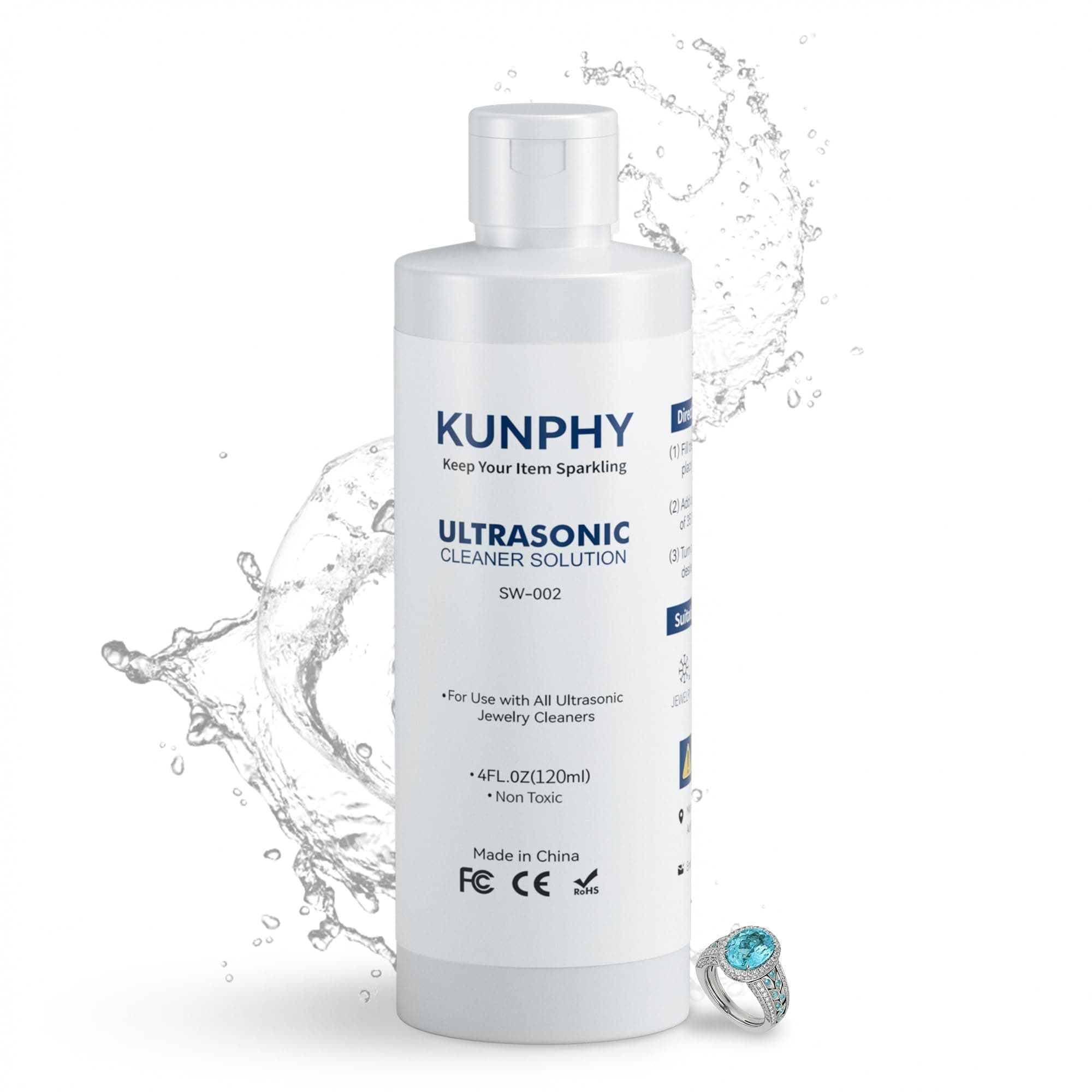 KUNPHY Jewelry Cleaner, Sonic Cleaner Solution - Jewelry Cleaner for Gold, Silver, Platinum Diamonds and Non-Porous Precious & Semi-Precious Jewelry 4 oz(120ml)