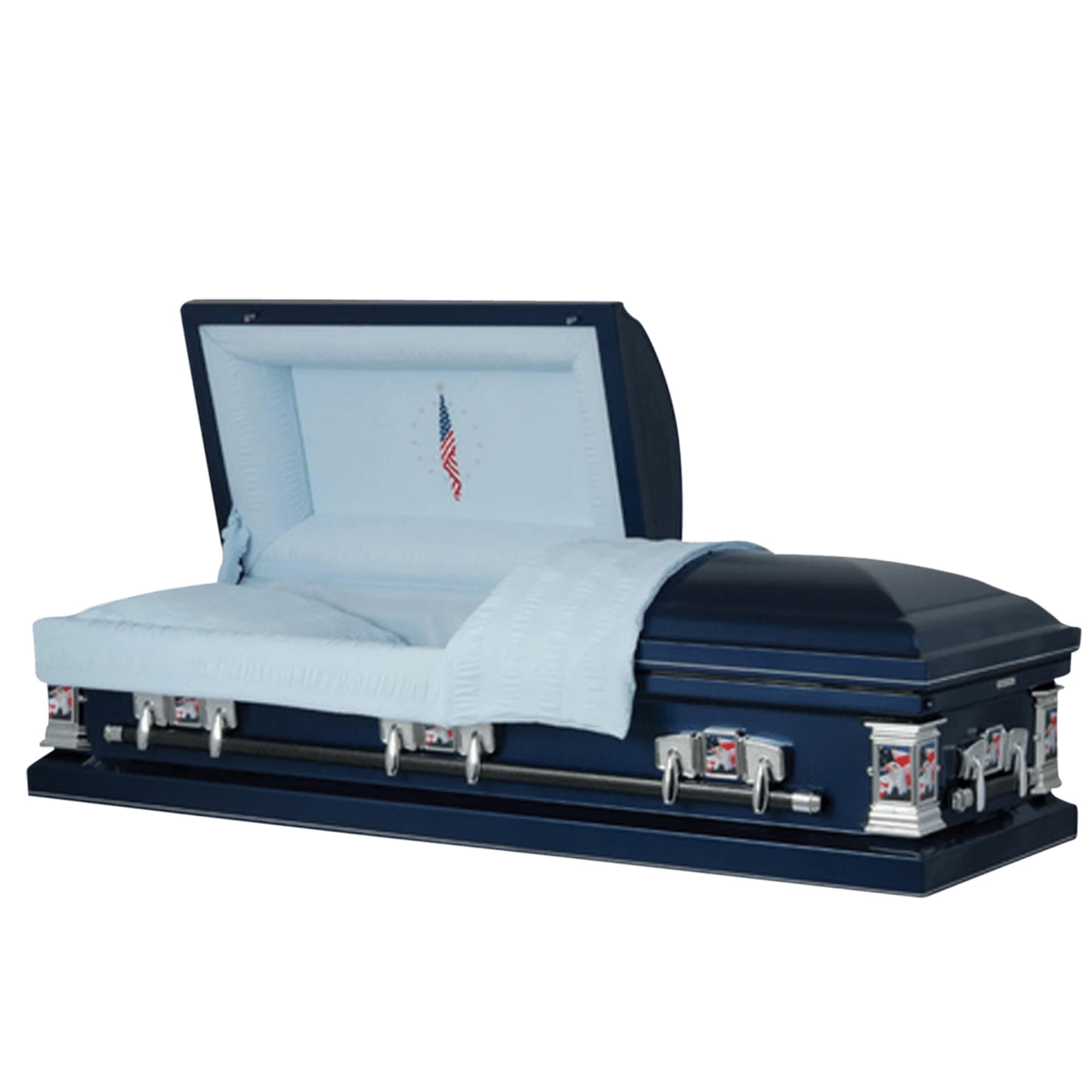 Titan Casket Veteran Steel Casket (Dark Blue) Handcrafted Funeral Casket - Dark Blue with Light Blue Crepe Interior, Flag at Rest Head Panel and Patriotic Hardware
