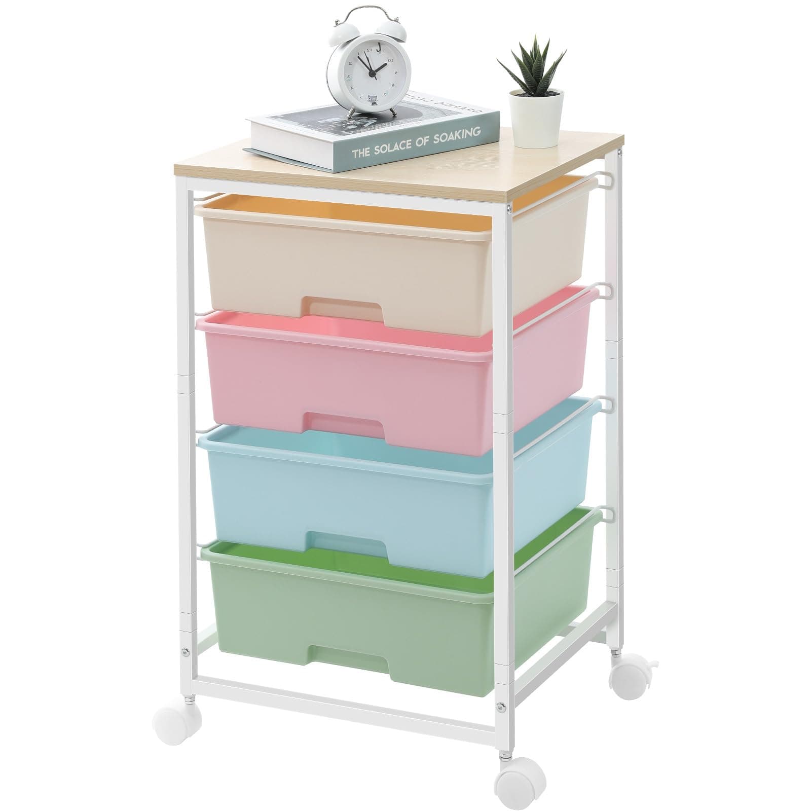 SYKIARIOL Utility Cart with 4 Drawers, Rolling Cart with Drawers, Rolling Cart with Wooden Tabletop for Bedroom, Nursery, Dorm, Classroom, Office, Rainbow