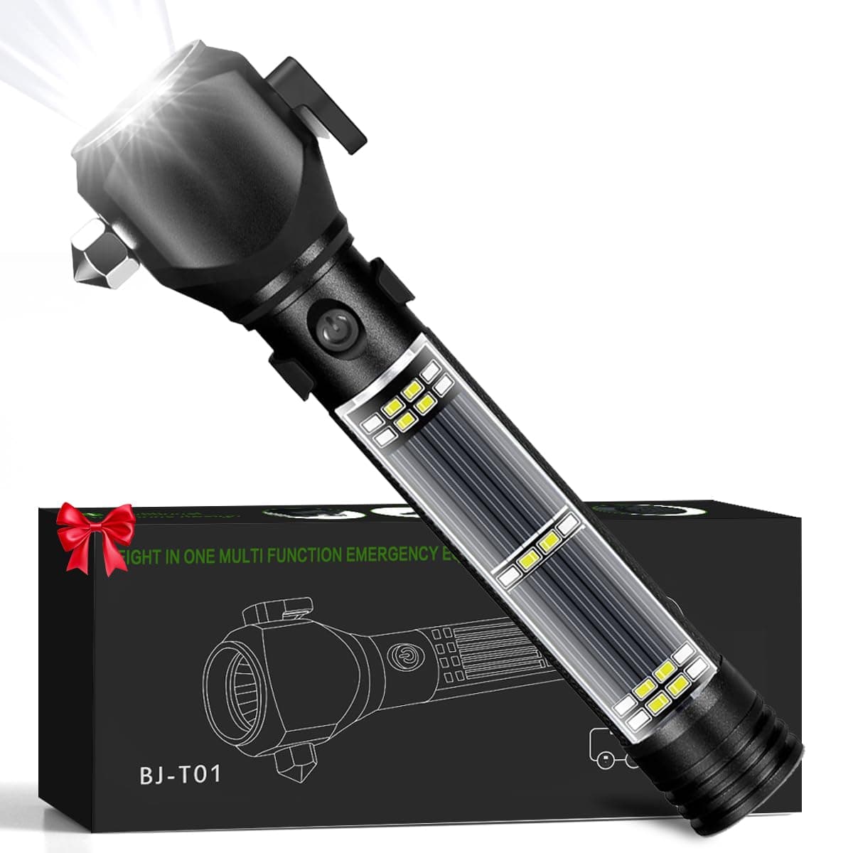 Rechargeable Solar Powered Flashlight,Multi Function LED Tactical Flashlight with Glass Breaker,Seatbelt Cutter,Alarm and Phone Charger,Powerful Handheld Flashlights for Emergencies Camping
