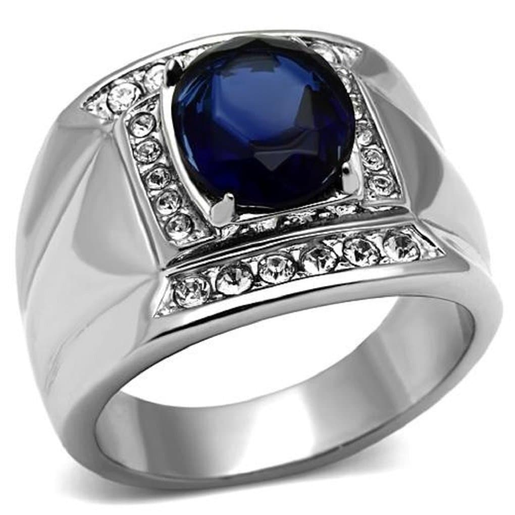 Doublebeez Jewelry Men's Stainless Steel Dark Blue Oval and Clear Ring, Size 9