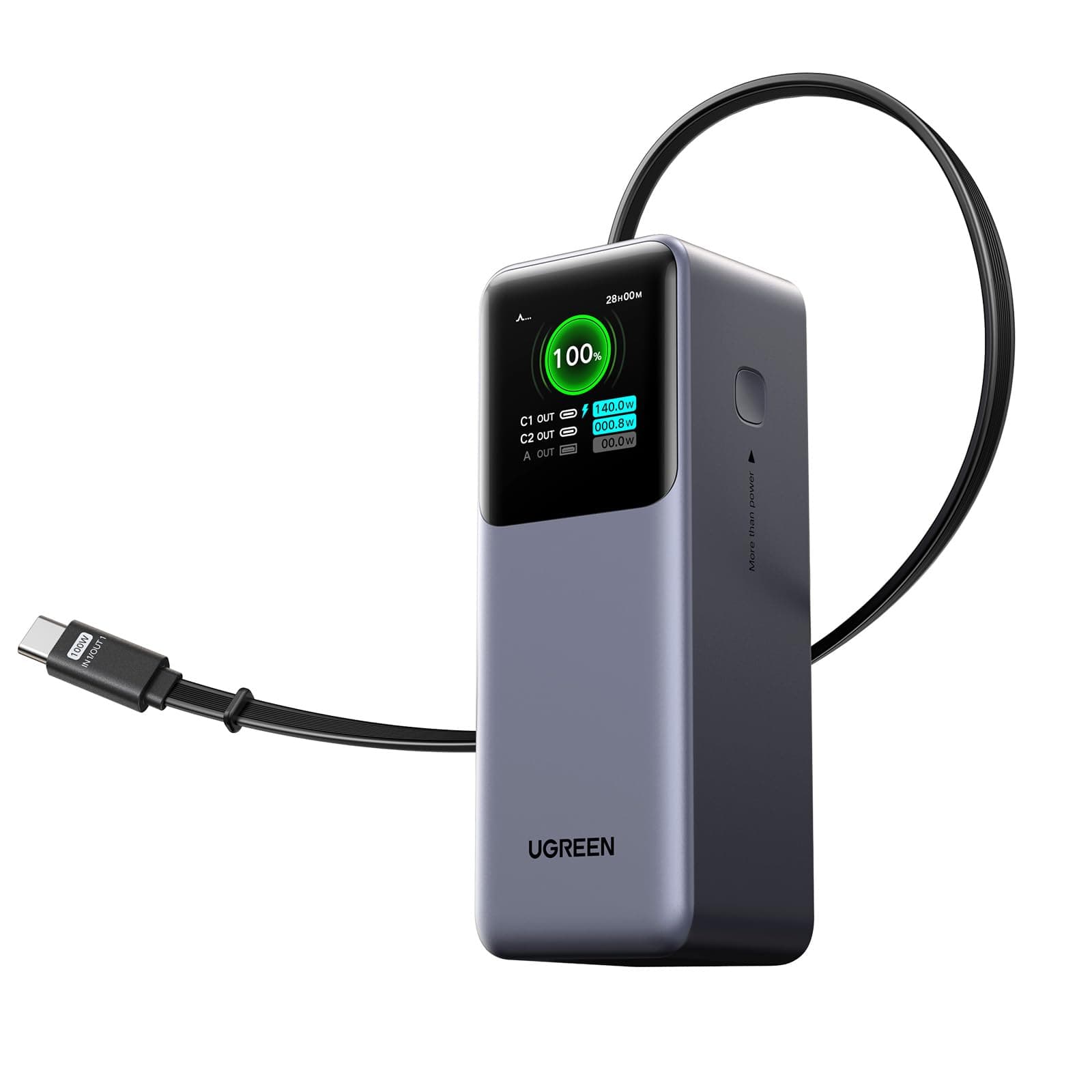 Ugreen PB726 Nexode Retractable USB-C Cable Built-in Mobile Battery (20,000 mAh/165 W), Supports Rapid Charging for Laptops, Supports PD, PPS, 5A Specifications, Equipped with TFT Display, Pass-Through/Low Current Modes, PSE Technology Standards, MacBook PD Compatible, Windows PC, iPad iPhone 17, Galaxy S26, Ultra Android Smartphones, Laptops
