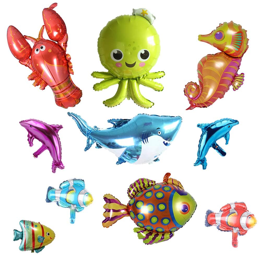 Ocean Animals Foil Balloons Under the Sea Cartoon Creatures Balloon Decorations Sea Horse Octopus Lobster Shark Dolphin Tropical Fish Balloons for Wedding Festival Birthday Party Supplies 10 Pack