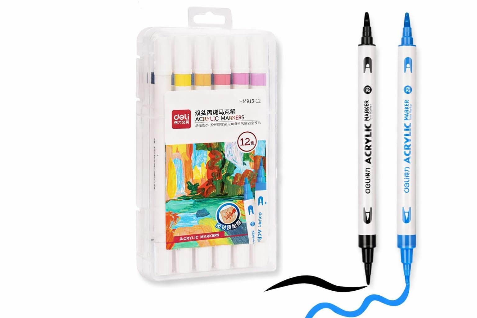 deli Dual Tip Acrylic Paint Markers, 12 Colors, Quick Dry Water-Based Paint Pens with 3mm Hard Tip & 0.5-5mm Flexible Brush Tip for Wood, Rock, Canvas, Plastic & Craft Projects
