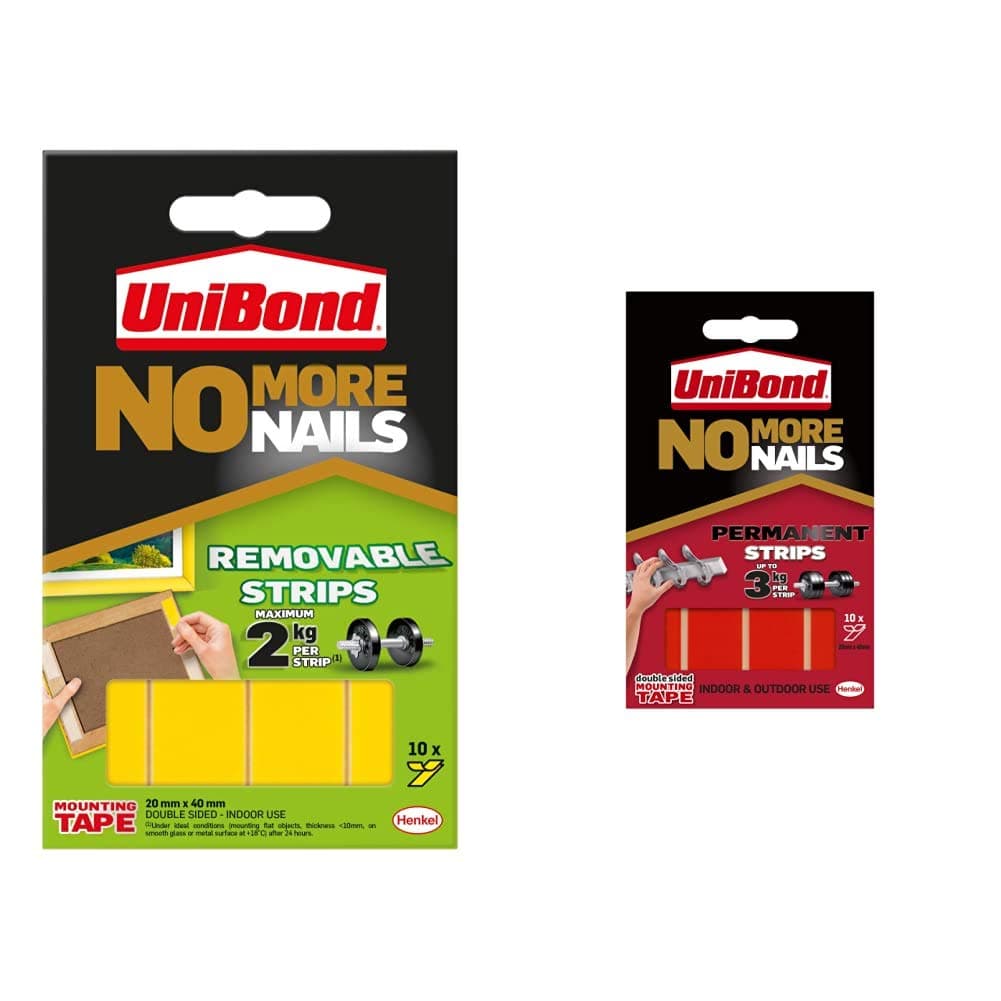 Unibond UNI781739 No More Nails Strip Ultra-strong Removable Translucent, Pack of 10 & No More Nails Permanent Strips, Double Sided Sticky Tape for Interior & Exterior Use, Waterproof Tape, Pack of 10