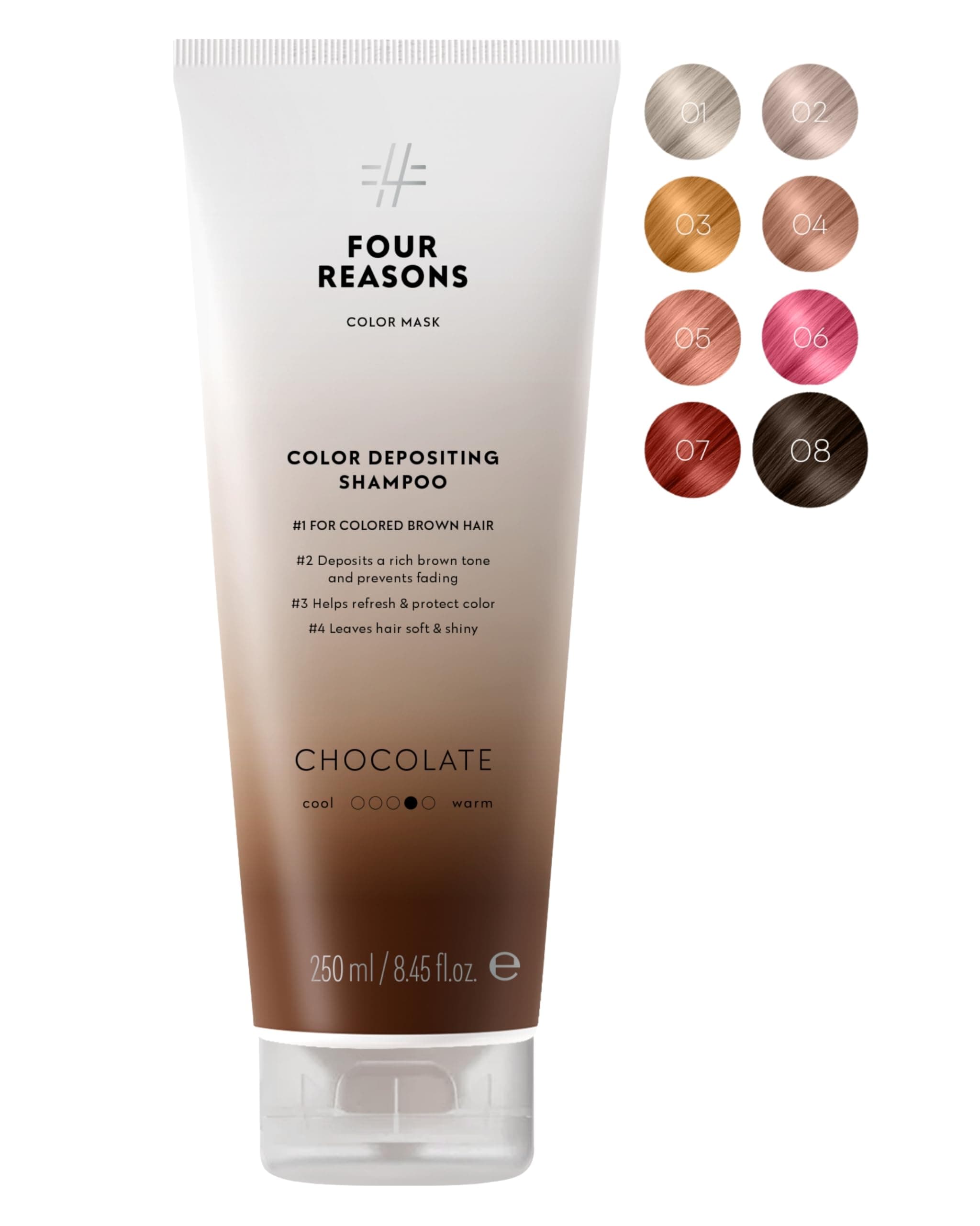 FOUR REASONS Hair Color Shampoo, Chocolate (8 Colors) - Color Depositing Shampoo, Semi Permanent Brown Hair Color Shampoo for Women - Brown Toner for Hair, Sulfate Free, Vegan – 8.45 Fl Oz