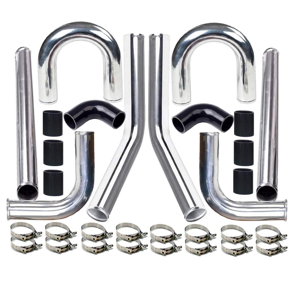 2.5" 8pcs Universal Aluminum Tube Set 600MM Polished Aluminum Turbo Intercooler Pipe+8 Elbow Hose+16 Clamps Kit
