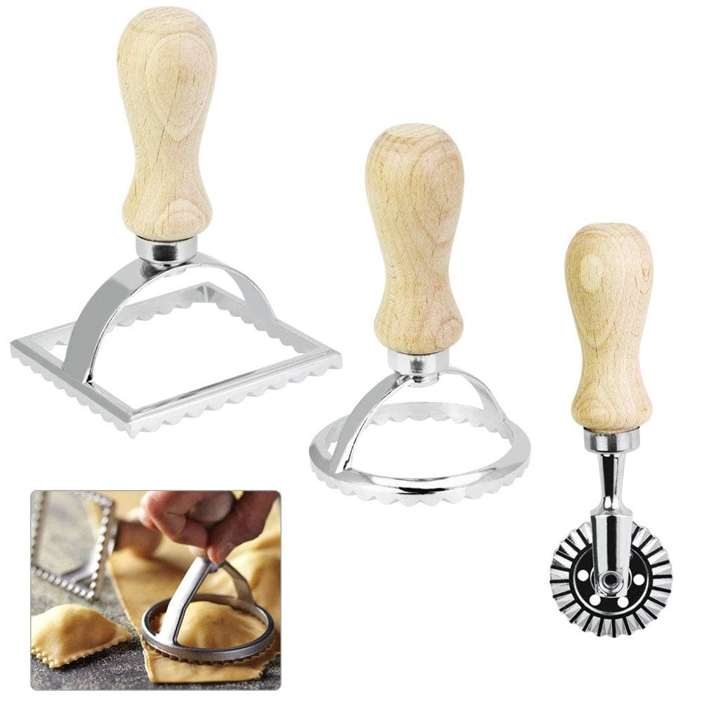 3 PCS Ravioli Stamp Set Ravioli Cutter with Wooden Handle Ravioli Maker for Making Ravioli, Empanadillas or Cookies