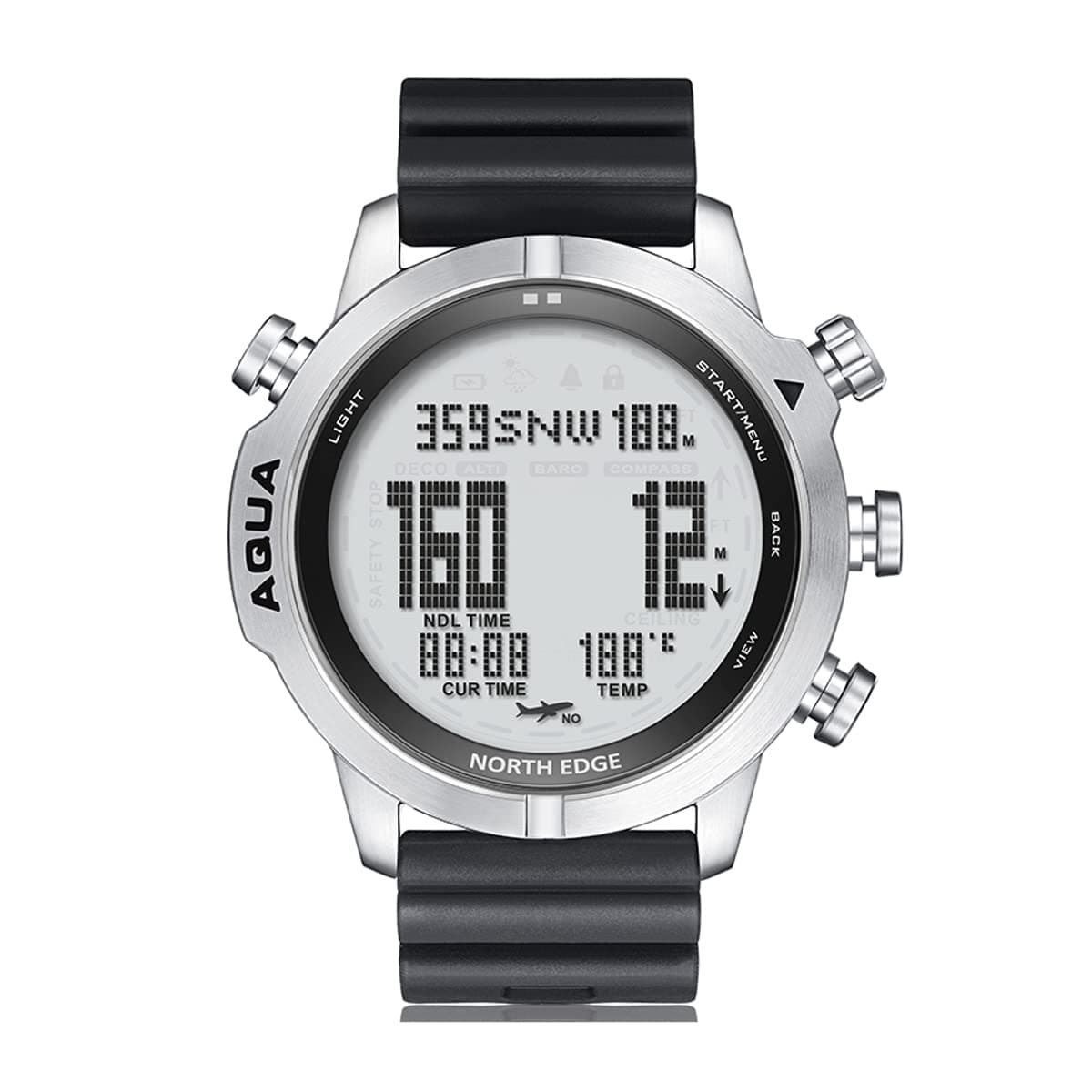 NORTH EDGE Aqua Professional Diving Computer Watch for Men Scuba Diving NDL 50M Dive Watch with Compass Altimeter Barometer Pedometer, 100M Waterproof, Silver Case Black Band