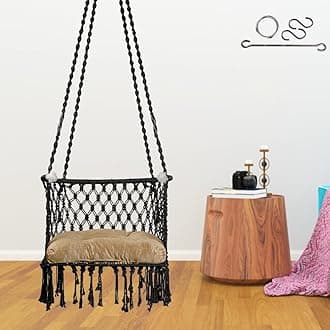 Patiofy Made in India Premium C-Swing Chair for Adults, Kids Hammock-Hanging Chair Swing with Golden Color Cushion and Accessories/ Swing Cushion (Cotton,Black)