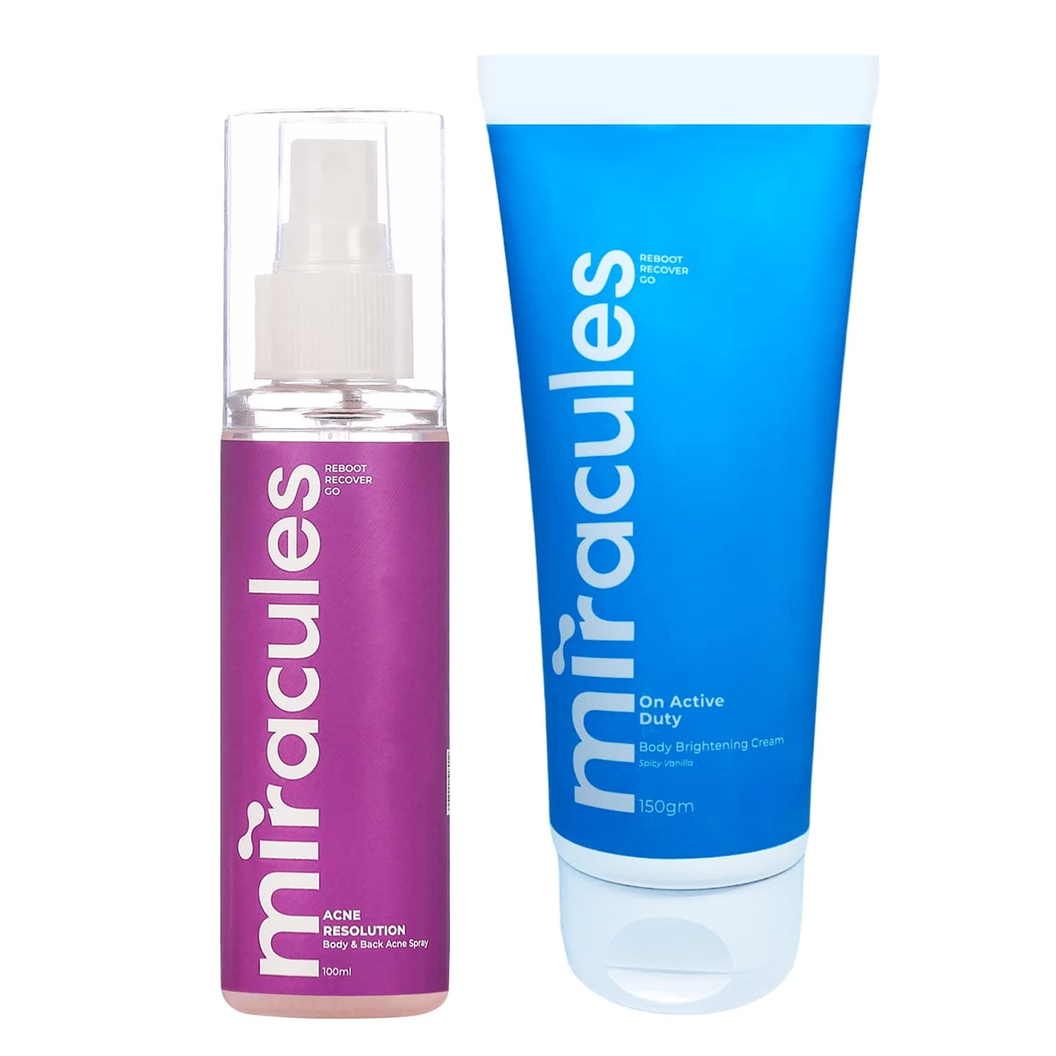 Miracules Body Care Essentials for Athletes Sports and Fitness Enthusiasts | 2% Salicylic Acid, Cica, Niacinamide & Kojic Acid | Acne Spray (100 ml) & Body Brightening Cream (150 g)