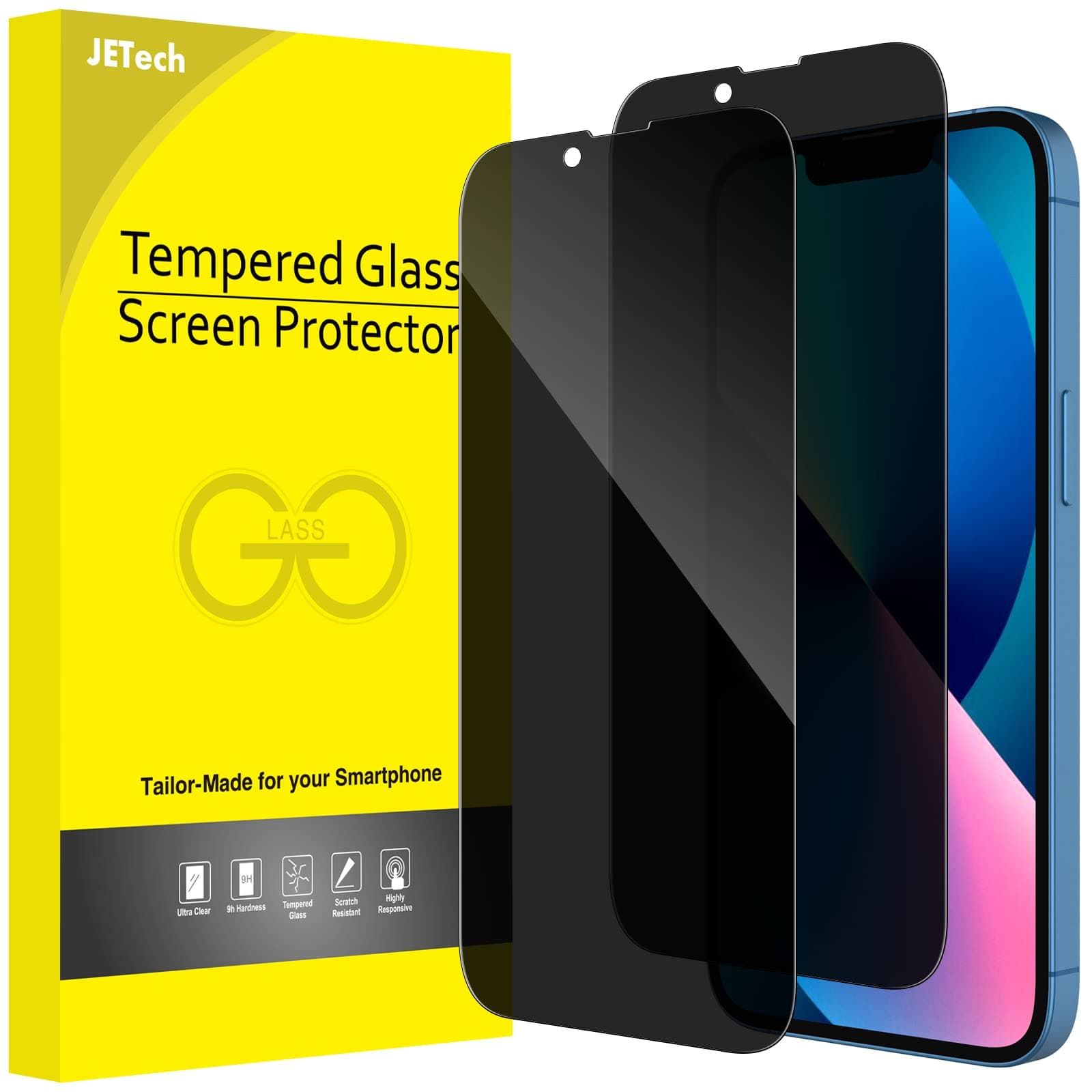 – JETech Privacy Full Coverage Screen Protector for iPhone 17e (2026) / iPhone 16e / iPhone 13/13 Pro, Anti-Spy Tempered Glass Film, Edge to Edge Protection, 6.1-Inch Display, 2-Pack