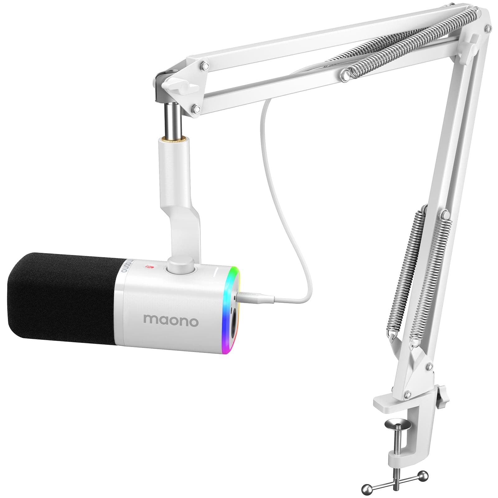 MAONO XLR/USB Gaming Microphone for PC, Dynamic Computer Mic for Streaming Podcasting, Noise Reduction, Mute, Volume Control, RGB Boom Mic for Vocal Recording,Voice-Over, PD100XS White