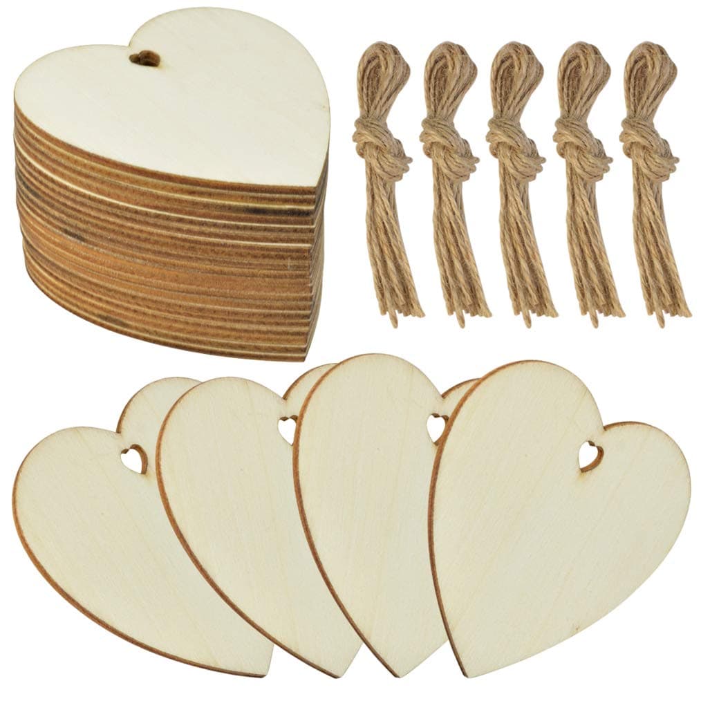obmwang 50 Pieces 3 Inch Natural Heart Wood Slices, DIY Wooden Ornaments Unfinished Predrilled Heart Embellishments with Twine for Wedding, Thanksgiving, Christmas
