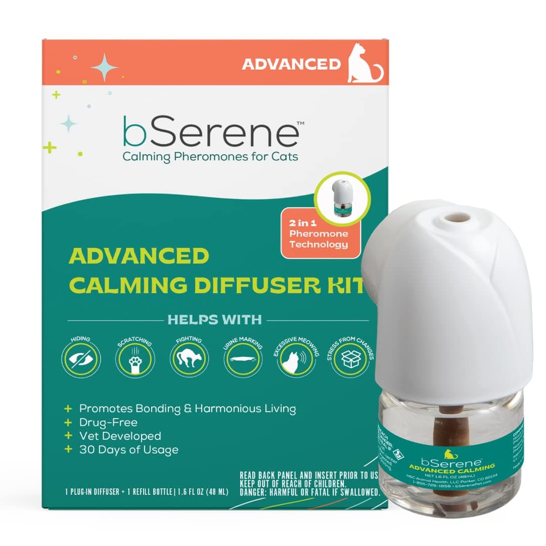 bSerene Advanced Pheromone Calming Solution for Cats 30-Day Starter Kit: Plug-in Diffuser + Refill Helps Reduce Hiding, Scratching, Stress, Spraying for Single & Multi-cat Homes Promotes Bonding