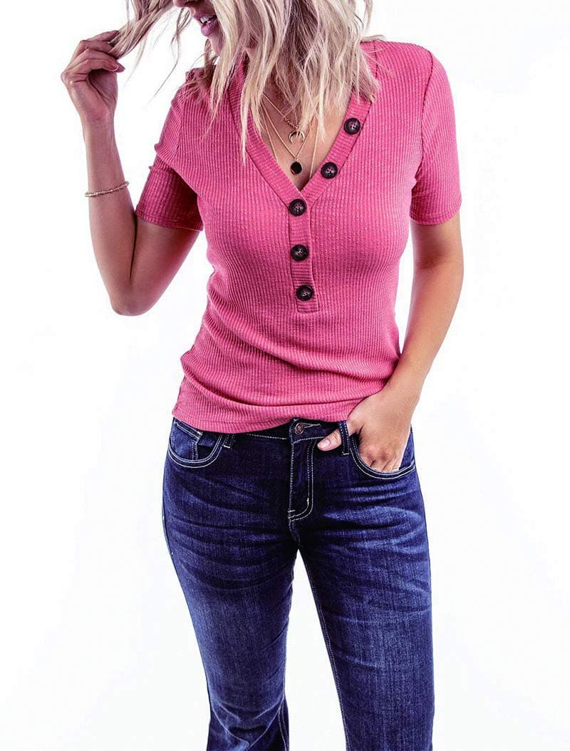 Minthunter Women's Short Sleeve T Shirts V Neck Decorative Button Shirts Ribbed Basic Henley Fit Summer Tops