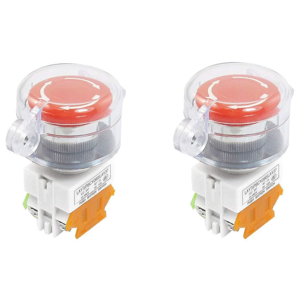 2 Pcs 22mm Mushroom Latching Emergency Stop Push Button Switch With Waterproof Cover 1NO 1NC