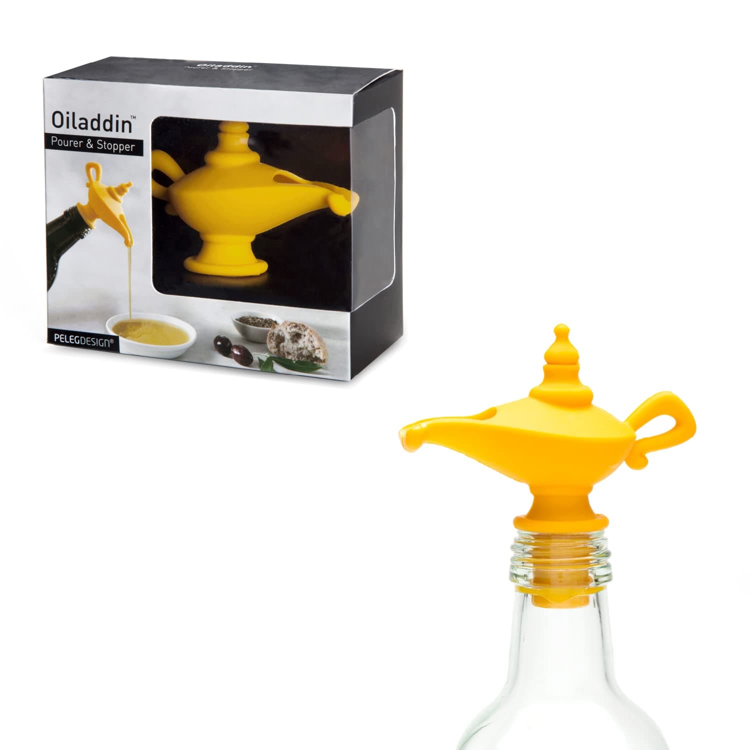 Peleg Design Oiladdin Oil Pourer and Stopper, Silicone Oil Pour Spout for Olive Oil, Aladdin Lamp Design Oil Dispenser Bottle Stopper, 8x9x4.5 cm, Yellow