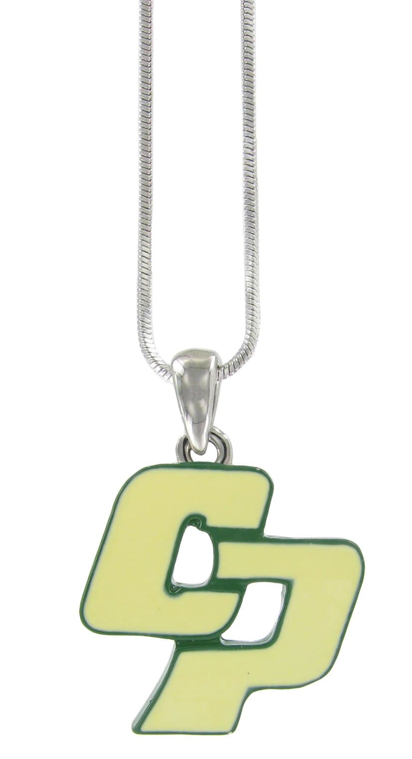 RhinestoneU Cal Poly San Luis Obispo CP Logo Necklace Pendant in Ivory Enamel and Dark Green Colored Coating