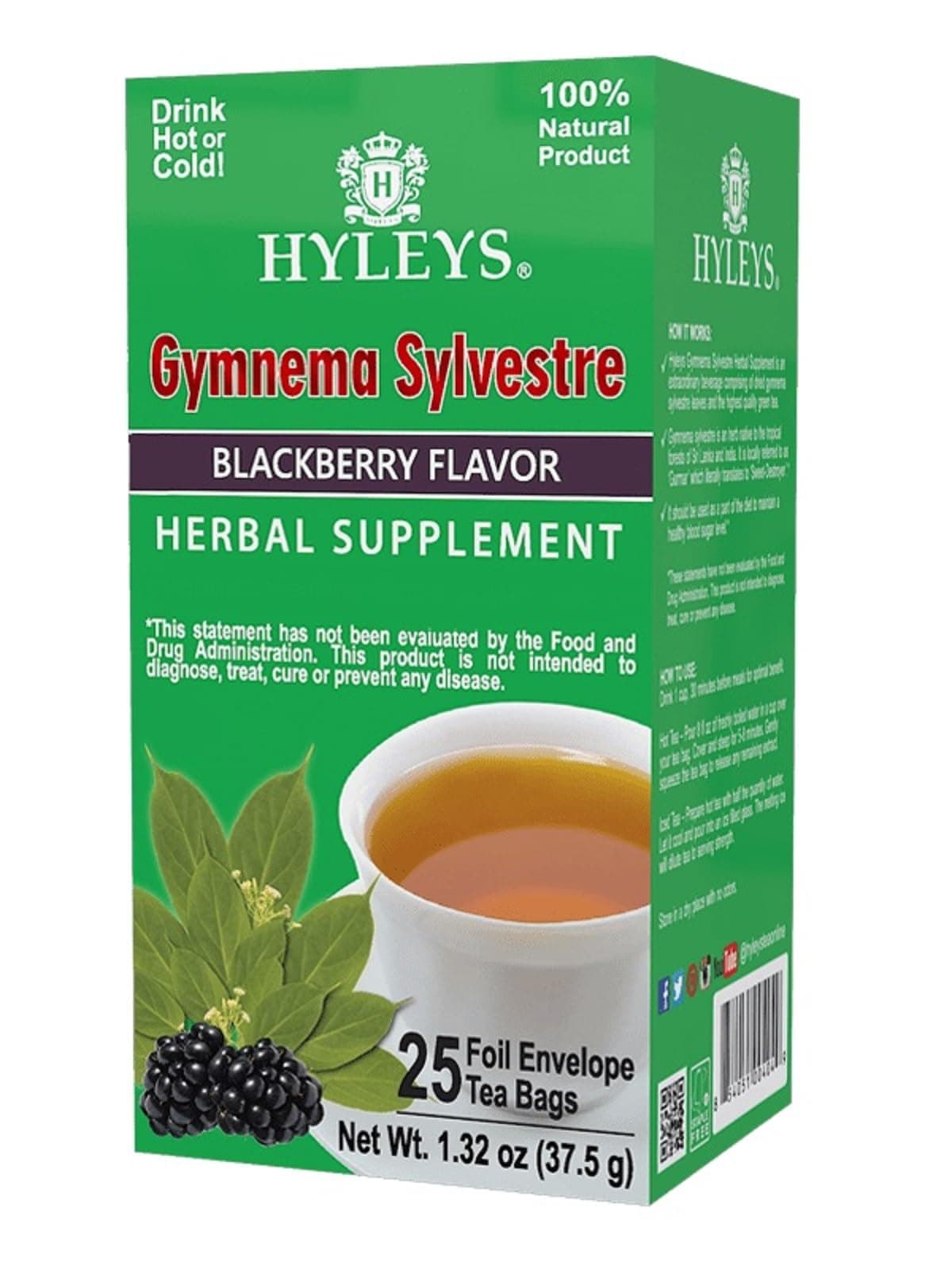 Hyleys Natural Wellness Gymnema Silvestre Green Tea With Blackberry Flavor - 25 Tea Bags (100% Natural, Sugar Free, Gluten Free and Non-GMO)