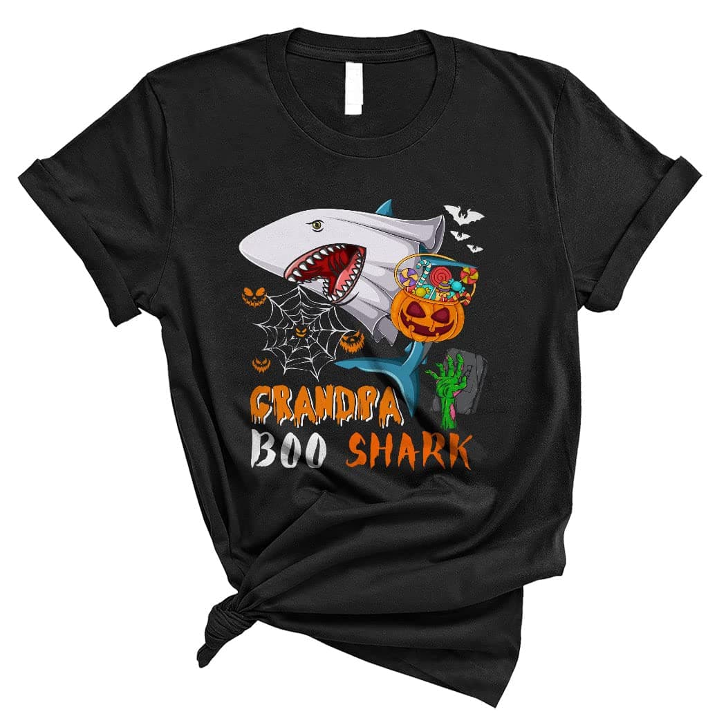 Grandpa Boo Shark Cute Funny Halloween Costume Pumpkin Ghost Shark Lover Matching Family Group Unisex T-Shirt