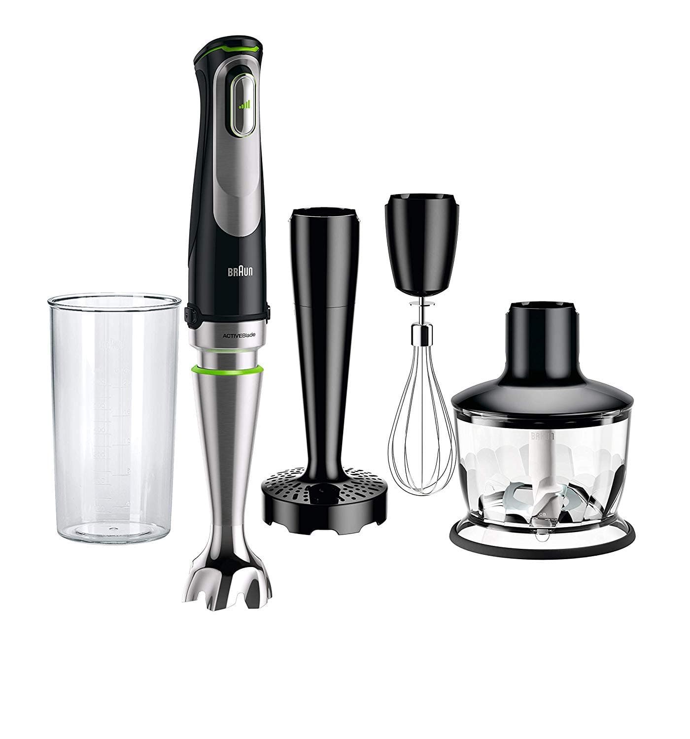 Braun 4-in-1 Immersion Hand Blender, Powerful 700W Stainless Steel Stick Blender, Variable Speed + 2-Cup Food Processor, Whisk, Beaker, Masher, High Quality Faster, Finer Blending, MultiQuick MQ9037