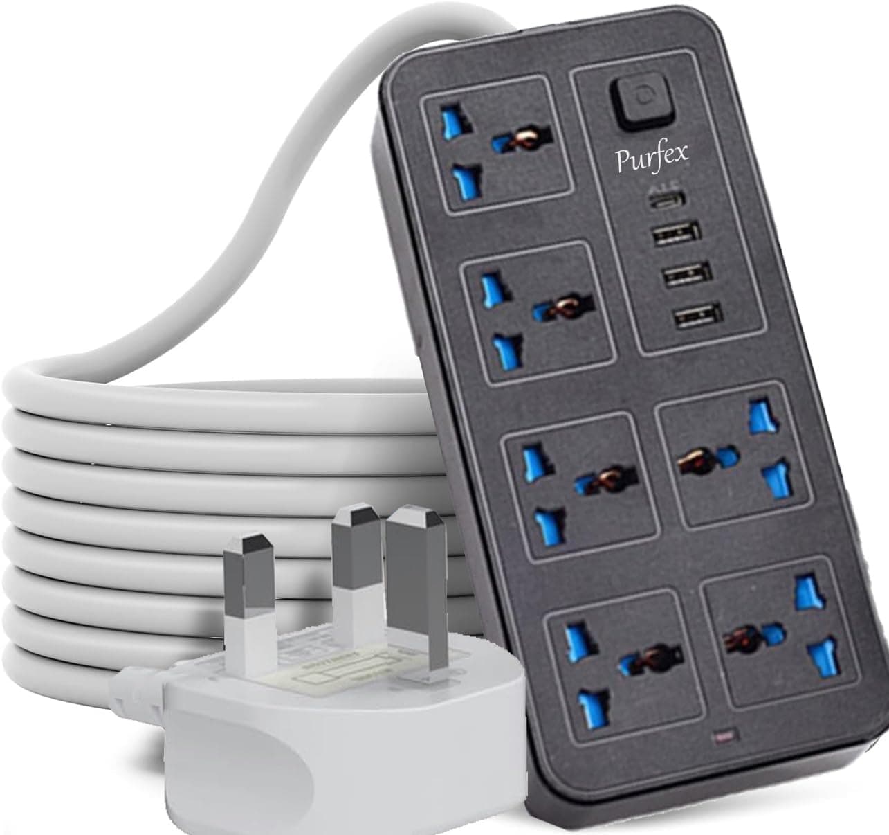 Universal Extension Lead with UK Plug, 6-Gang Power Socket, 3 USB Ports & 1 Type-C Port, 1.8M Electric Power Strip for Home, Kitchen & Office (1 Pack (Black))