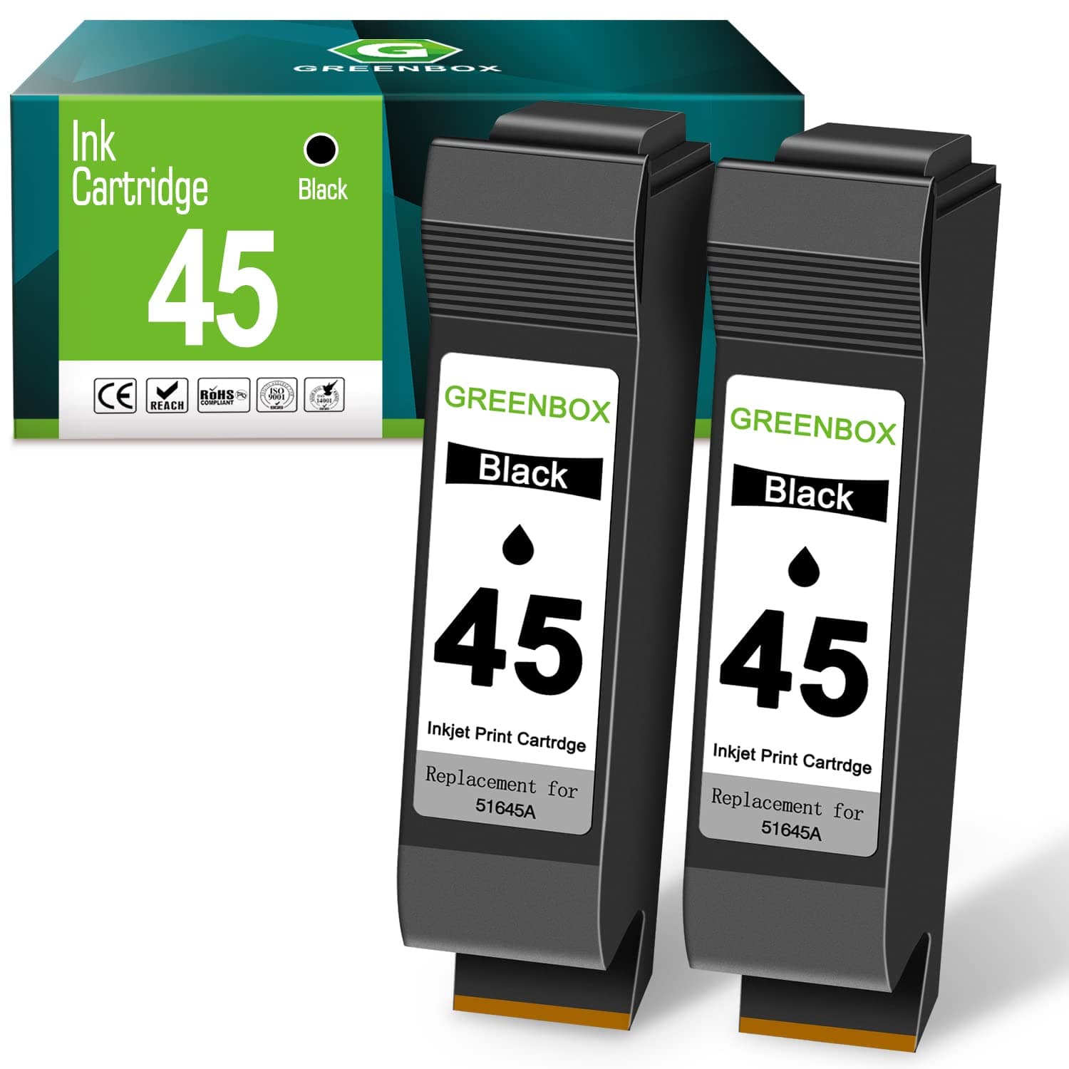 GREENBOX Remanufactured 45 High-Yield Ink Cartridge Replacement for HP 45 51645 51645A for Color Copier 180 Deskjet 820Cse 830 850 870 890 930 950 PhotoSmart 1000 1115 1215 P1000xi Printer (2 Black)