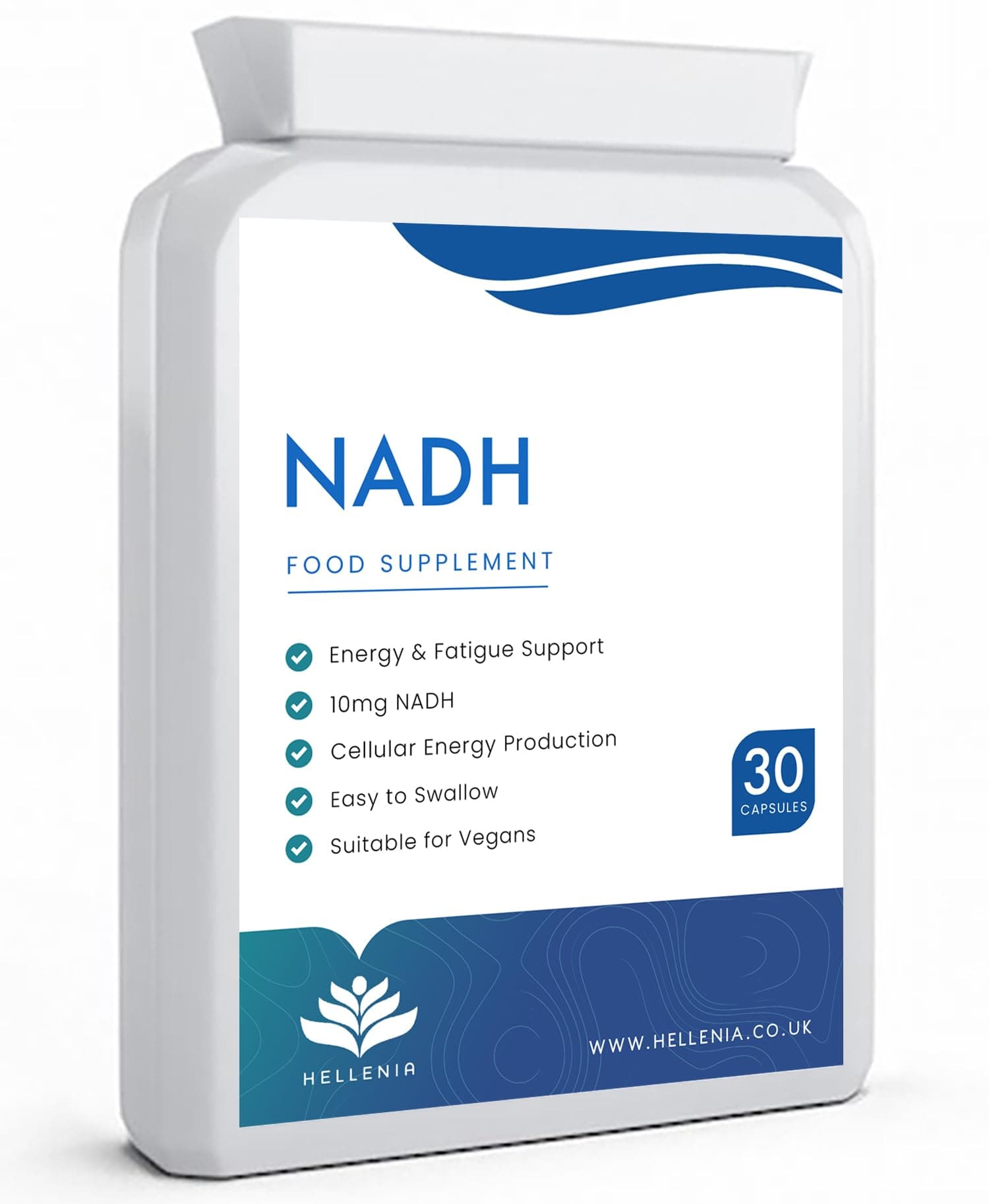 NADH 10mg | 30 Capsules | Energy Supplement | Energy Booster, NAD+ Supplement, Active Form of Vitamin B3 | Vegan Friendly - GMP Certified Product | Made in The UK by Hellenia